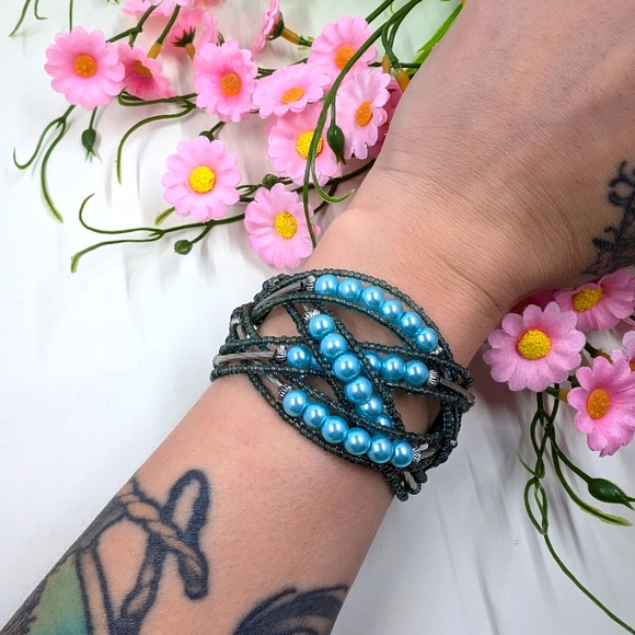 Jewelry - Bright Blue Beaded Handmade Vintage Cuff Style Bracelet